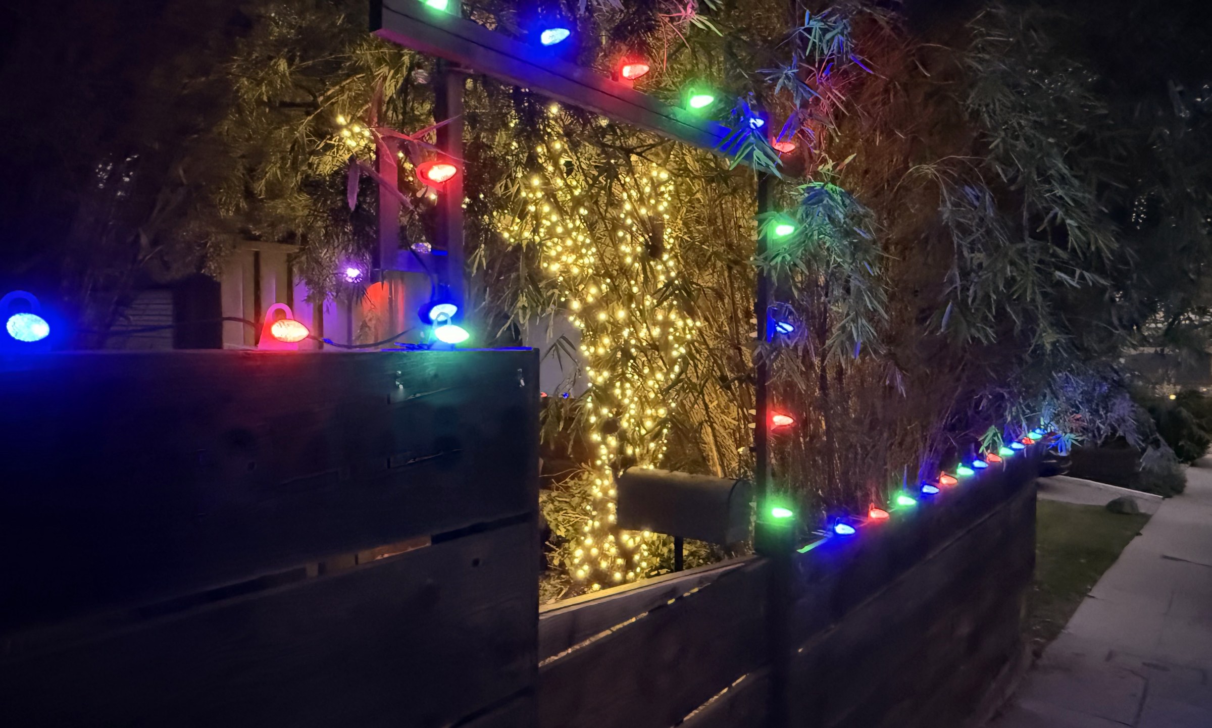 A wooden gate and fence lined with red, green and blue C9 bulbs, a lit tree glowing behind