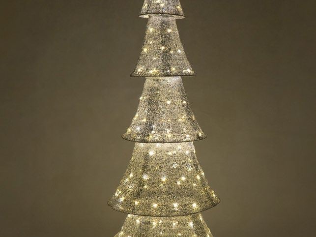 A tiered white mesh tree lit from within
